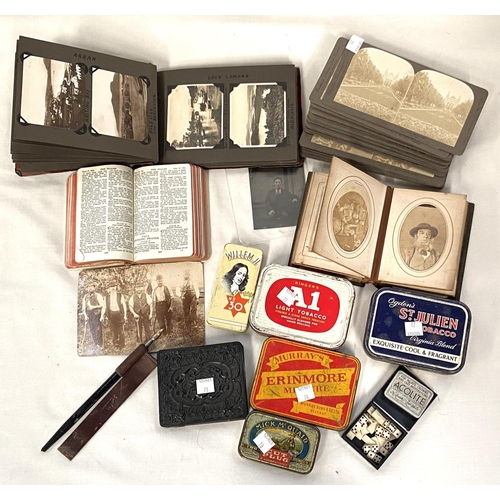 70 - A selection of magic lantern slides; a Victorian photo album; a simulated ivory prayer book; old tin... 