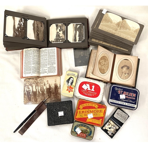 70 - A selection of magic lantern slides; a Victorian photo album; a simulated ivory prayer book; old tin... 