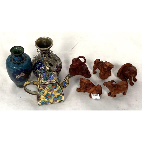 71 - Five modern Japanese netsukes in the form of animals; 2 cloisonné vases; a miniature coffee pot