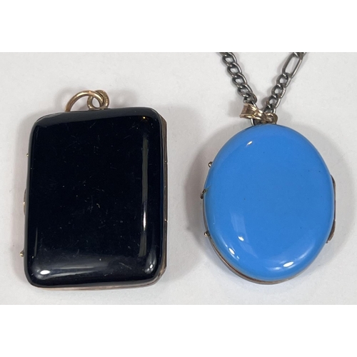 722 - A hinged rectangular pendant/locket in black enamel with seed pearl; another, oval, in turquoise ena... 