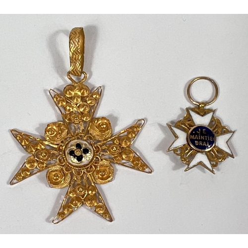 725 - A yellow metal filigree Maltese cross with central enamel boss; a similar smaller pendant, tests as ... 