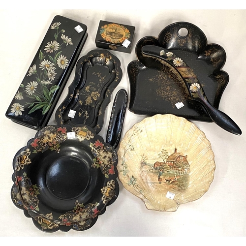 74 - A black lacquer crumb tray and brush; other lacquer items