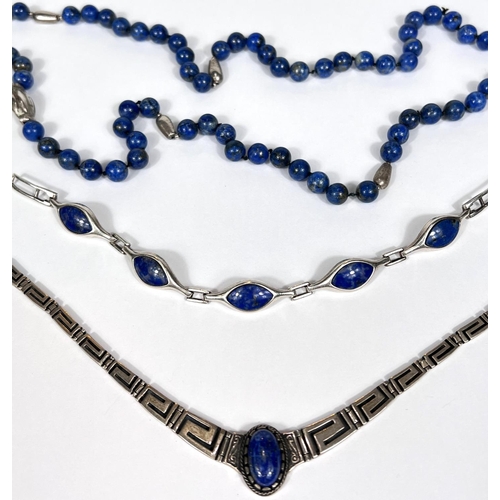 758 - A white metal necklace set lapis lazuli; a similar bracelet and bead necklace