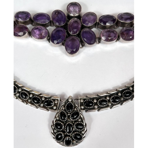 759 - A white metal bracelet set 17 amethyst colour stones; 2 other costume jewellery items