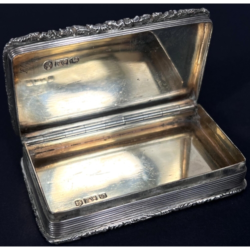 771 - An early Victorian silver snuff box, rectangular form with repousse border, gilt interior, engraved ... 