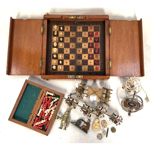 79 - A model of QEII Coronation carriage; 2 travelling chess sets in wooden cases; toys; etc.