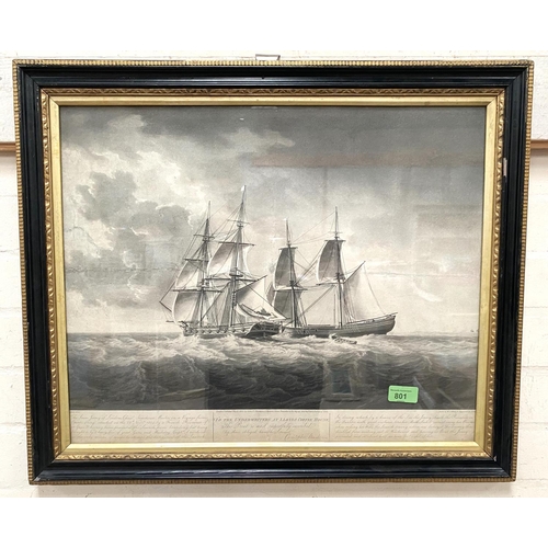 801 - An 1805 aquatint after W. J. White of a print of a ship with note from Christopher Stonehouse to 'Un... 