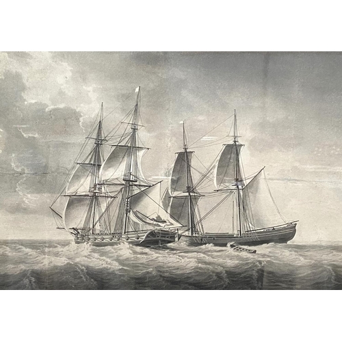 801 - An 1805 aquatint after W. J. White of a print of a ship with note from Christopher Stonehouse to 'Un... 