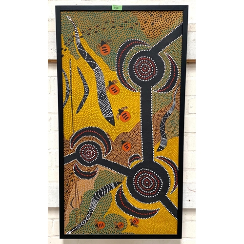 808 - An aboriginal artwork or insects, boomerangs and spears with dotted patination, framed