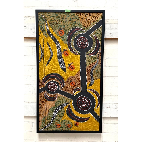 808 - An aboriginal artwork or insects, boomerangs and spears with dotted patination, framed