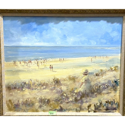 810 - English Impressionist: girl in white and other figures on a beach in summer, oil on artist board, si... 