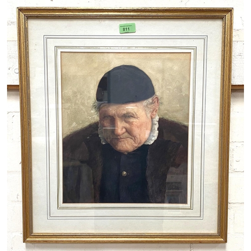 811 - Henry Terry, head and shoulders portrait of old man in black skull cap, watercolour, signed, framed ... 