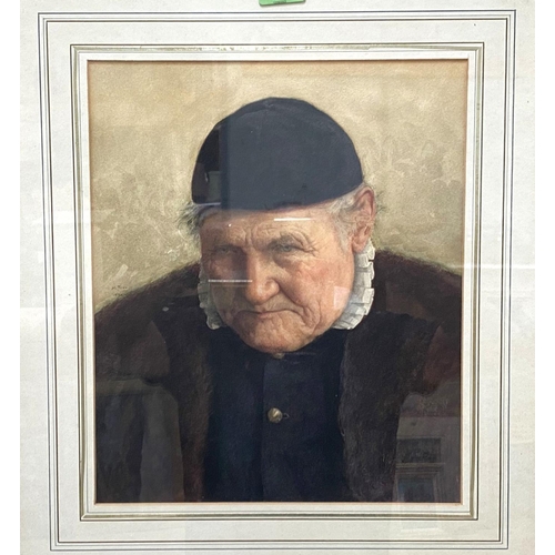 811 - Henry Terry, head and shoulders portrait of old man in black skull cap, watercolour, signed, framed ... 