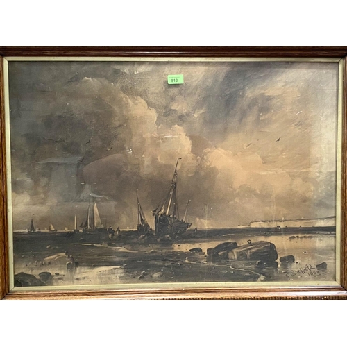 813 - George Sheffield, coastal landscape with fishing boats, charcoal sketch signed 55 x 82 cm framed and... 