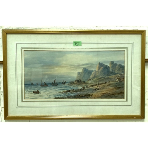 814 - Edwin Earp, coastal landscape with figures and boats, watercolour, signed 22 x 46 cm, framed and gla... 