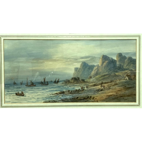 814 - Edwin Earp, coastal landscape with figures and boats, watercolour, signed 22 x 46 cm, framed and gla... 