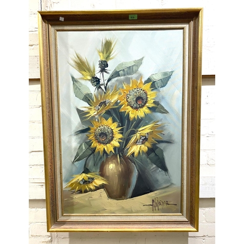 819 - V Majorama:  Sunflowers in a vase, still life, oil on canvas, signed indistinctly, 90 x 60cm, framed... 