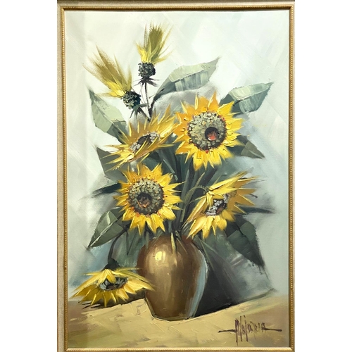 819 - V Majorama:  Sunflowers in a vase, still life, oil on canvas, signed indistinctly, 90 x 60cm, framed... 