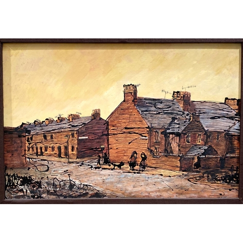 820 - Ruth Roland 1921-2011:  Coronation Street Backs, oil on board, signed on the reverse, 60 x 90cm, unf... 