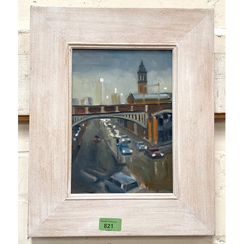 821 - John Pegg (1949-2020):  Manchester scene with bridge over a road, oil on board, signed on rever... 