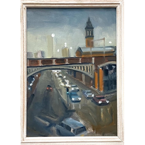 821 - John Pegg (1949-2020):  Manchester scene with bridge over a road, oil on board, signed on rever... 