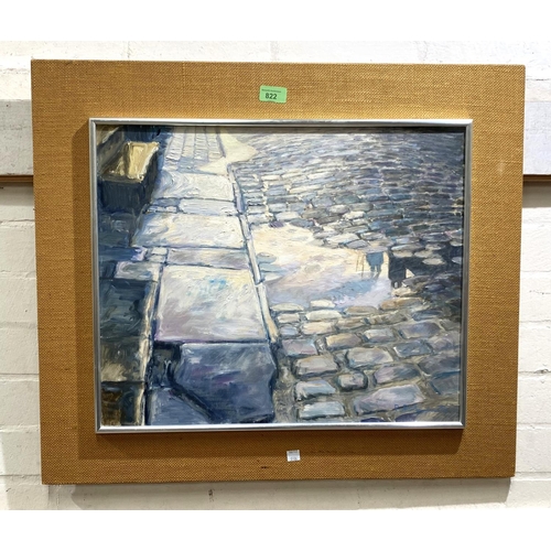 822 - Bob Richardson b. 1938:  Cobbled street with pavement, acrylic on board, signed, 42 x 52cm, framed