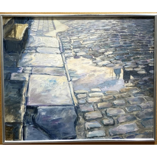 822 - Bob Richardson b. 1938:  Cobbled street with pavement, acrylic on board, signed, 42 x 52cm, framed