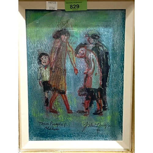 829 - John Thompson (1924-2011):  Town People of Oldham, 4 figures in the manner of Lowry, pastel, signed ... 