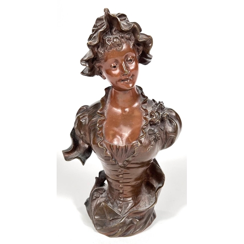 830 - Art Nouveau style bronze:  half length bust of a young woman in bonnet, signed S. Kinsburger, height... 