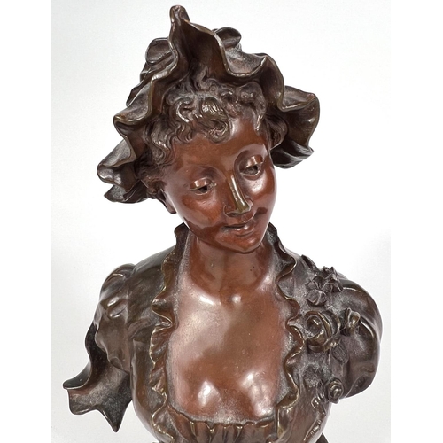 830 - Art Nouveau style bronze:  half length bust of a young woman in bonnet, signed S. Kinsburger, height... 