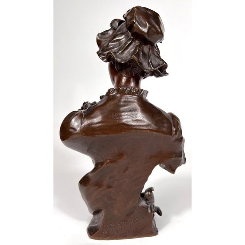 830 - Art Nouveau style bronze:  half length bust of a young woman in bonnet, signed S. Kinsburger, height... 