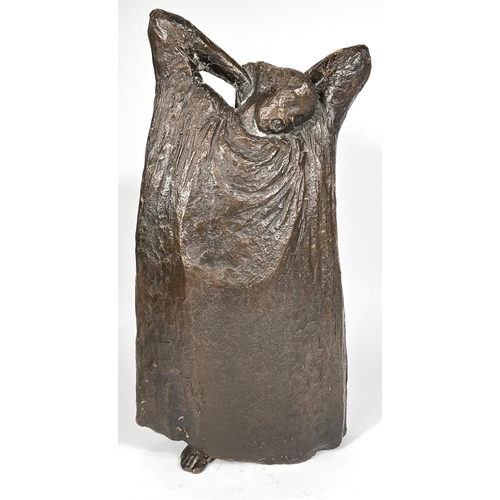 833 - Modernist 20th century bronze of a girl in long nightdress, stretching and yawning, unsigned, height... 