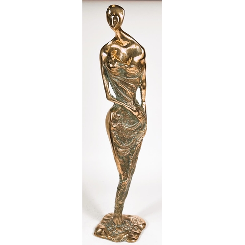 834 - Arthur Dooley (1929-1994):&nbsp; Impressionistic bronze female figure holding her ruched dress, mono...