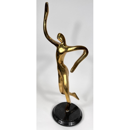 837 - Modernist  bronze stylised running figure on grey marble plinth, unsigned, height 43cm