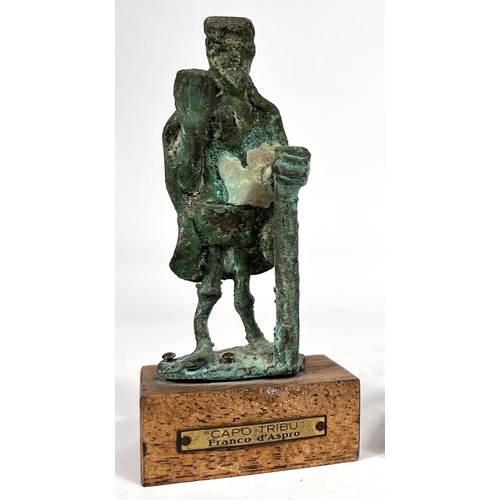 839 - Franco d'Aspro:  Guerriero & Capo Tribu, pair of small verdigris bronze figures on wooden plinth... 