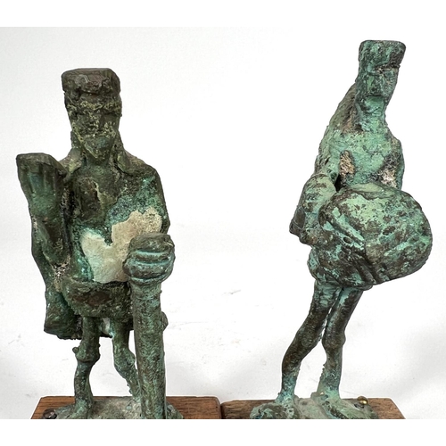 839 - Franco d'Aspro:  Guerriero & Capo Tribu, pair of small verdigris bronze figures on wooden plinth... 