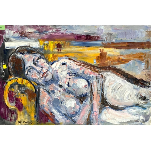 841 - Lawrence Isherwood (1917-1988):  three quarter length reclining female nude, oil on canvas, sig... 