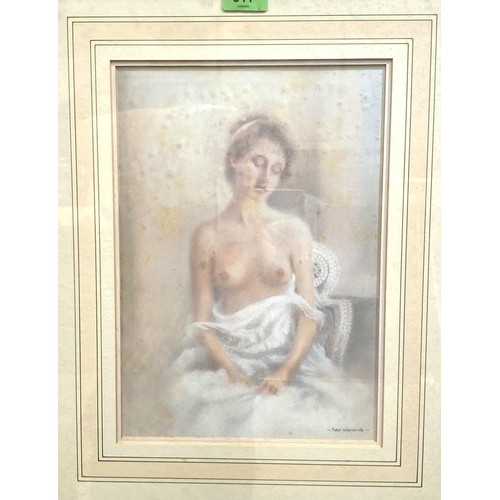 844 - Peter Worswick:  semi-naked young woman, seated, pastel, signed, 33 x 23cm, framed and glazed; ... 