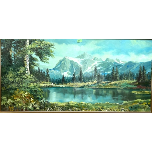 849 - M Hudson:  Mountainous landscape with lake, oil on canvas, signed, 57 x 117cm, framed and glaze... 