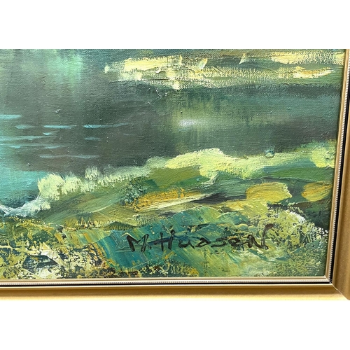 849 - M Hudson:  Mountainous landscape with lake, oil on canvas, signed, 57 x 117cm, framed and glaze... 