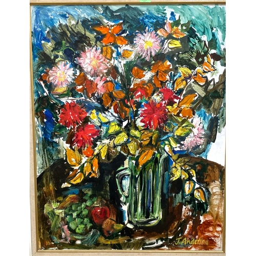 850A - Janette Anderson:  Still life of flowers in a jug, oil on board, signed, 90 x 69cm, framed