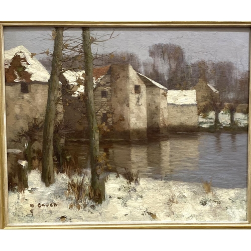 851 - David Gauld 1865-1936:  Buildings by a lake in winter, oil on canvas, signed, 53 x 66cm, framed