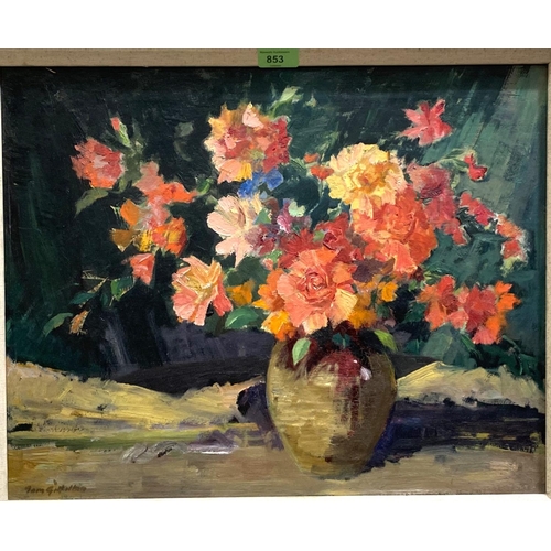 853 - Tom Gilfillan:  Still life of flowers in a vase, oil on canvas, signed, 41 x 51cm, framed