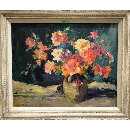 853 - Tom Gilfillan:  Still life of flowers in a vase, oil on canvas, signed, 41 x 51cm, framed