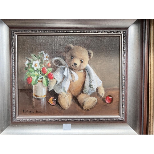 862 - Deborah Jones (1921 - 2012) 2 Teddy bears with flowers, 2 oil on canvas, signed 19 x 24cm, framed