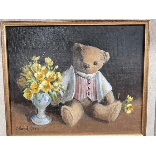 862 - Deborah Jones (1921 - 2012) 2 Teddy bears with flowers, 2 oil on canvas, signed 19 x 24cm, framed