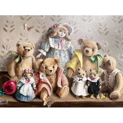 864 - Deborah Jones (1921 - 2012) Teddy bears family with doll and other animals, oil on canvas, signed, 3... 