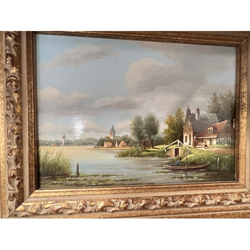 865 - J. Meyer, pair of Dutch canal scenes with house, windmills etc, oil on board, signed 12 x 17cm, fram... 