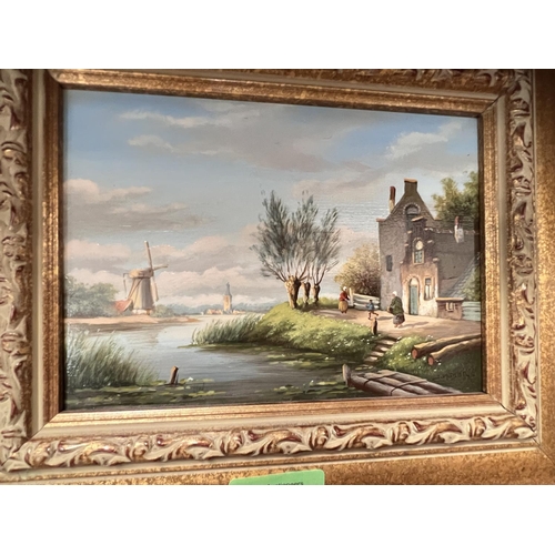 865 - J. Meyer, pair of Dutch canal scenes with house, windmills etc, oil on board, signed 12 x 17cm, fram... 