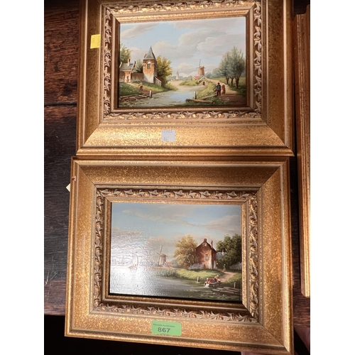 867 - J. Meyer, pair of Dutch canal scenes with house, windmills etc, oil on board, signed 12 x 17cm, fram... 